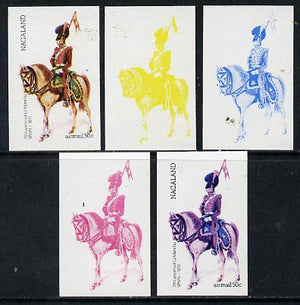 Nagaland 1974 Military Uniforms 50c (Spanish Mounted 7th Lancers 1811) set of 5 imperf progressive colour proofs comprising 3 individual colours (red, blue & yellow) plus 3 and all 4-colour composites