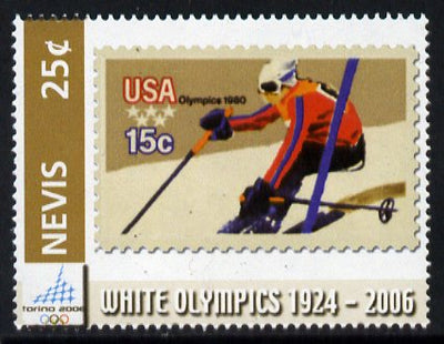 Nevis 2006 Downhill Skier 15c USA stamp on stamp 25c from Winter Olympics set unmounted mint, SG 1962
