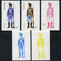 Nagaland 1974 Military Uniforms 25c (Saxe Coburg) set of 5 imperf progressive colour proofs comprising 3 individual colours (red, blue & yellow) plus 3 and all 4-colour composites unmounted mint