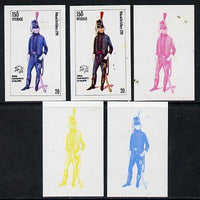 Iso - Sweden 1974 Centenary of UPU (Military Uniforms) 20 (Poland Artillery 1799) set of 5 imperf progressive colour proofs comprising 3 individual colours (red, blue & yellow) plus 3 and all 4-colour composites unmounted mint