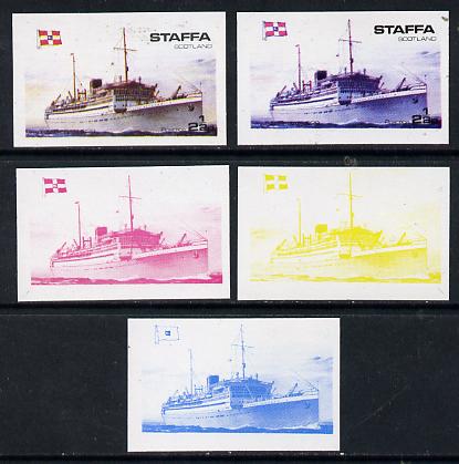Staffa 1974 Steam Liners 2.5p (MV Baloeran 1929) set of 5 imperf progressive colour proofs comprising 3 individual colours (red, blue & yellow) plus 3 and all 4-colour composites unmounted mint