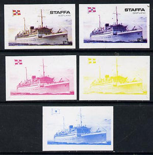 Staffa 1974 Steam Liners 2.5p (MV Baloeran 1929) set of 5 imperf progressive colour proofs comprising 3 individual colours (red, blue & yellow) plus 3 and all 4-colour composites unmounted mint