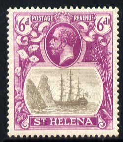 St Helena 1922-37 KG5 Badge Script 6d single with variety 'Zig-zag flaw in water behind stern' (stamp 18) mounted mint SG 104var