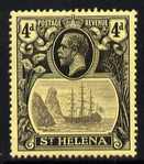 St Helena 1922-37 KG5 Badge MCA 4d single with variety '11th line of shading broken to right of mizzen mast and rope broken at top of mizzen peak' (stamp 32) mtd mint SG 92var