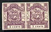 North Borneo 1888 Arms 3c violet horiz imperf pair unmounted mint SG 39b now believed to be a forgery (possibly by Fournier) and re-priced accordingly