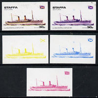 Staffa 1974 Steam Liners 30p (SS Balmoral Castle 1910) set of 5 imperf progressive colour proofs comprising 3 individual colours (red, blue & yellow) plus 3 and all 4-colour composites unmounted mint