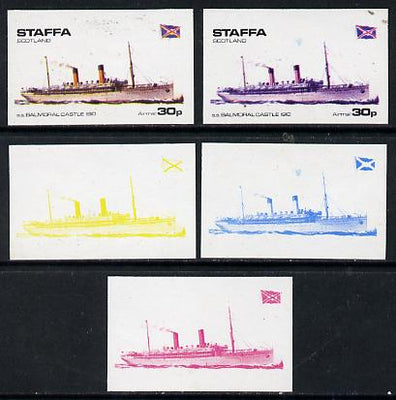 Staffa 1974 Steam Liners 30p (SS Balmoral Castle 1910) set of 5 imperf progressive colour proofs comprising 3 individual colours (red, blue & yellow) plus 3 and all 4-colour composites unmounted mint