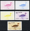 Oman 1973 Geese 5b (Pink-Footed Goose) set of 5 imperf progressive colour proofs comprising 3 individual colours (red, blue & yellow) plus 3 and all 4-colour composites unmounted mint