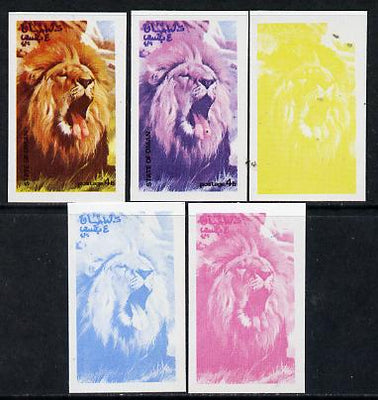 Oman 1974 Zoo Animals 4b (Lion) set of 5 imperf progressive colour proofs comprising 3 individual colours (red, blue & yellow) plus 3 and all 4-colour composites unmounted mint
