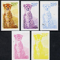 Oman 1974 Zoo Animals 15b (Cheetah) set of 5 imperf progressive colour proofs comprising 3 individual colours (red, blue & yellow) plus 3 and all 4-colour composites unmounted mint