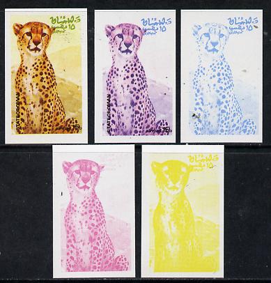 Oman 1974 Zoo Animals 15b (Cheetah) set of 5 imperf progressive colour proofs comprising 3 individual colours (red, blue & yellow) plus 3 and all 4-colour composites unmounted mint