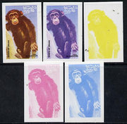 Oman 1974 Zoo Animals 25b (Chimp) set of 5 imperf progressive colour proofs comprising 3 individual colours (red, blue & yellow) plus 3 and all 4-colour composites unmounted mint