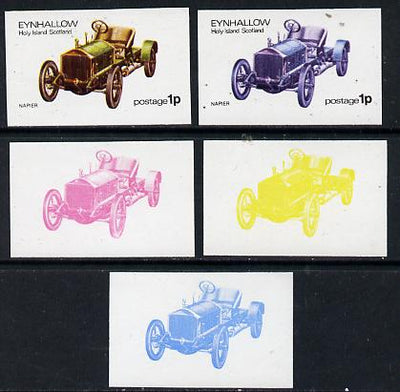 Eynhallow 1974 Vintage Cars #1 1p (Napier) set of 5 imperf progressive colour proofs comprising 3 individual colours (red, blue & yellow) plus 3 and all 4-colour composites unmounted mint