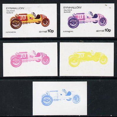 Eynhallow 1974 Vintage Cars #1 10p (Duesenberg) set of 5 imperf progressive colour proofs comprising 3 individual colours (red, blue & yellow) plus 3 and all 4-colour composites unmounted mint