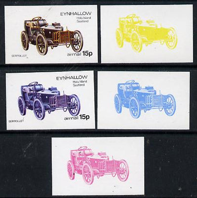 Eynhallow 1974 Vintage Cars #1 15p (Serpollet) set of 5 imperf progressive colour proofs comprising 3 individual colours (red, blue & yellow) plus 3 and all 4-colour composites unmounted mint