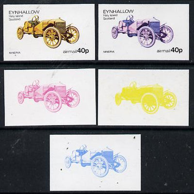 Eynhallow 1974 Vintage Cars #1 40p (Minerva) set of 5 imperf progressive colour proofs comprising 3 individual colours (red, blue & yellow) plus 3 and all 4-colour composites unmounted mint