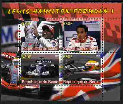 Benin 2007 Lewis Hamilton Formula 1 perf sheetlet containing 4 values unmounted mint. Note this item is privately produced and is offered purely on its thematic appeal