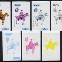 Staffa 1974 Military Uniforms (on Horseback) 1p (2nd Dragoons 1760) set of 7 imperf progressive colour proofs comprising the 4 individual colours plus 2, 3 and all 4-colour composites unmounted mint