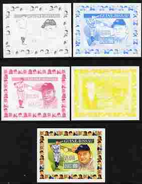 Guinea - Bissau 2007 Sportsmen of the Century - Babe Ruth individual deluxe sheet - the set of 5 imperf progressive proofs comprising the 4 individual colours plus all 4-colour composite, unmounted mint,similar to Yv 2284