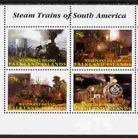 Westpoint Island (Falkland Islands) 2001 Steam Trains of South America perf sheetlet containing 4 values unmounted mint. Note this item is privately produced and is offered purely on its thematic appeal, it has no postal validity