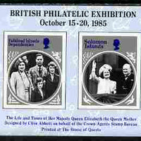Cinderella - 1985 British Philatelic Exhibition imperf sheetlet containing 2 black & white images of the Queen Mother (Falkland Island Deps & Solomon Islands designs)