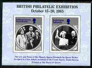Cinderella - 1985 British Philatelic Exhibition imperf sheetlet containing 2 black & white images of the Queen Mother (Falkland Island Deps & Solomon Islands designs)