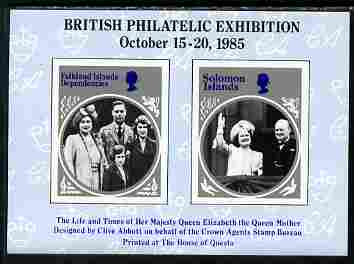 Cinderella - 1985 British Philatelic Exhibition imperf sheetlet containing 2 black & white images of the Queen Mother (Falkland Island Deps & Solomon Islands designs)