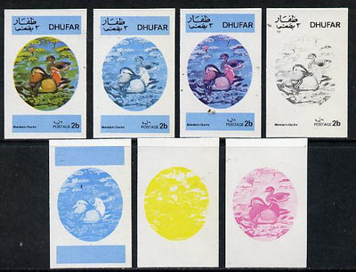 Dhufar 1973 Foreign & Exotic Birds 2b (Mandarin Ducks) set of 7 imperf progressive colour proofs comprising the 4 individual colours plus 2, 3 and all 4-colour composites unmounted mint