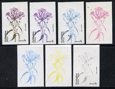 Eynhallow 1974 Flowers #01 - 3p (Phlox Clarkioides) set of 7 imperf progressive colour proofs comprising the 4 individual colours plus 2, 3 and all 4-colour composites unmounted mint