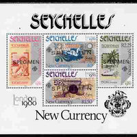 Seychelles 1980 London 1980 Stamp Exhibition - Currency Notes perf m/sheet overprinted SPECIMEN unmounted mint, SG MS 472s