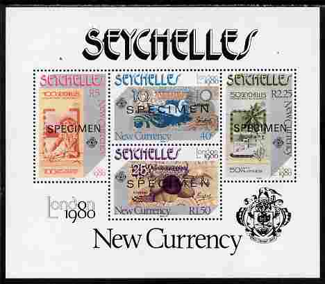 Seychelles 1980 London 1980 Stamp Exhibition - Currency Notes perf m/sheet overprinted SPECIMEN unmounted mint, SG MS 472s