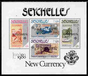 Seychelles 1980 London 1980 Stamp Exhibition - Currency Notes perf m/sheet overprinted SPECIMEN unmounted mint, SG MS 472s