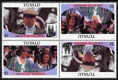 Tuvalu 1986 Royal Wedding (Andrew & Fergie) $1 perf tete-beche block of 4 (2 se-tenant pairs) overprinted SPECIMEN in silver (Italic caps 26.5 x 3 mm) unmounted mint SG 399-400s from Printer's uncut proof sheet