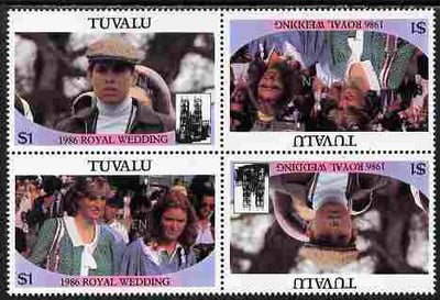Tuvalu 1986 Royal Wedding (Andrew & Fergie) $1 imperf tete-beche block of 4 (2 se-tenant pairs folded) overprinted SPECIMEN in silver (Upright caps 17.5 x 2.5 mm) unmounted mint SG 399-400s from Printer's uncut proof sheet