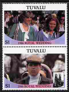 Tuvalu 1986 Royal Wedding (Andrew & Fergie) $1 se-tenant pair overprinted SPECIMEN in silver (Upright caps 17.5 x 2.5 mm) unmounted mint SG 399-400s from Printer's uncut proof sheet