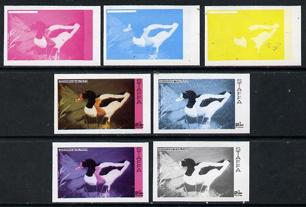 Staffa 1974 Water Birds #01 Shelduck 2.5p set of 7 imperf progressive colour proofs comprising the 4 individual colours plus 2, 3 and all 4-colour composites unmounted mint
