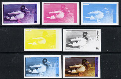 Staffa 1974 Water Birds #01 Mallard 3p set of 7 imperf progressive colour proofs comprising the 4 individual colours plus 2, 3 and all 4-colour composites unmounted mint