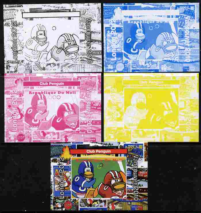 Mali 2010 Olympic Games - Disney Club Penguin #5 individual deluxe sheetlet - the set of 5 imperf progressive proofs comprising the 4 individual colours plus all 4-colour composite, unmounted mint