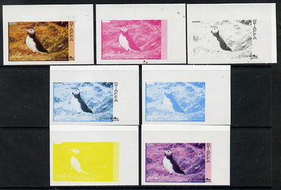 Staffa 1974 Water Birds #01 Puffin 4p set of 7 imperf progressive colour proofs comprising the 4 individual colours plus 2, 3 and all 4-colour composites unmounted mint