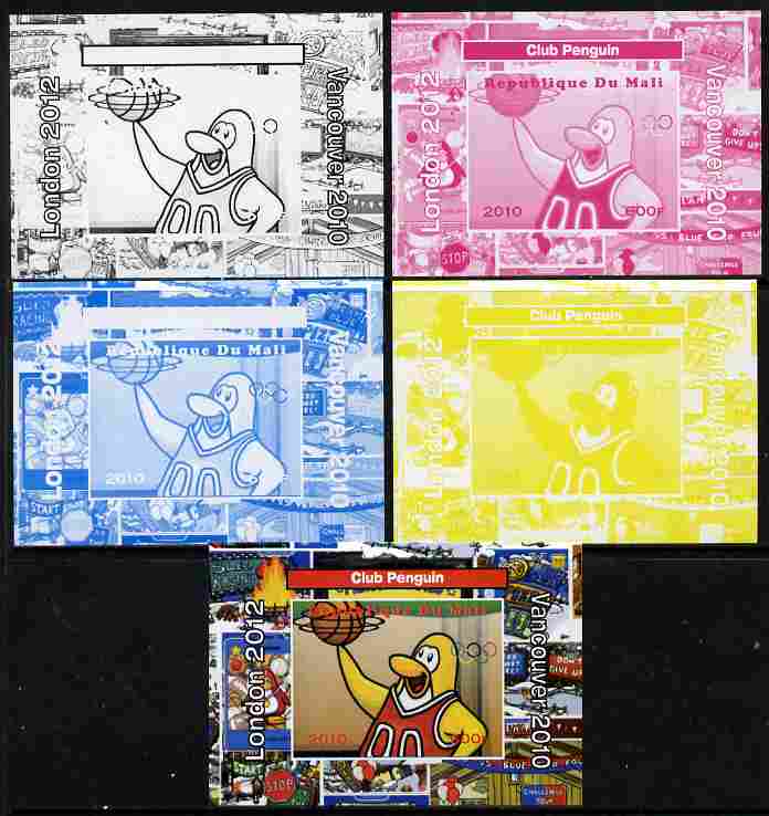 Mali 2010 Olympic Games - Disney Club Penguin #7 individual deluxe sheetlet - the set of 5 imperf progressive proofs comprising the 4 individual colours plus all 4-colour composite, unmounted mint