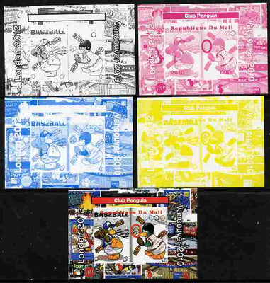 Mali 2010 Olympic Games - Disney Club Penguin #8 individual deluxe sheetlet - the set of 5 imperf progressive proofs comprising the 4 individual colours plus all 4-colour composite, unmounted mint
