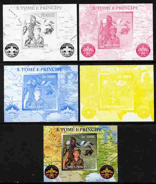 St Thomas & Prince Islands 2010 Centenary of Scouting in America #4 individual deluxe sheetlet - the set of 5 imperf progressive proofs comprising the 4 individual colours plus all 4-colour composite, unmounted mint