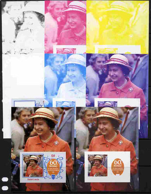 St Lucia 1986 Queen's 60th Birthday $8 m/sheet - the set of 8 imperf progressive proofs comprising 4 individual colours plus various composites including completed design, unmounted mint as SG MS 880