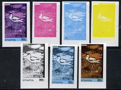 Staffa 1974 Water Birds #01 Avocet 20p set of 7 imperf progressive colour proofs comprising the 4 individual colours plus 2, 3 and all 4-colour composites unmounted mint