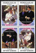 Tuvalu - Nukulaelae 1986 Royal Wedding (Andrew & Fergie) 60c perf tete-beche block of 4 (2 se-tenant pairs) overprinted SPECIMEN in silver (Italic caps 26.5 x 3 mm) unmounted mint from Printer's uncut proof sheet