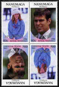 Tuvalu - Nanumaga 1986 Royal Wedding (Andrew & Fergie) 60c perf tete-beche block of 4 (2 se-tenant pairs) overprinted SPECIMEN in silver (Italic caps 26.5 x 3 mm) unmounted mint from Printer's uncut proof sheet