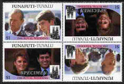 Tuvalu - Funafuti 1986 Royal Wedding (Andrew & Fergie) $1 perf tete-beche block of 4 (2 se-tenant pairs) overprinted SPECIMEN in silver (Italic caps 26.5 x 3 mm) unmounted mint from Printer's uncut proof sheet
