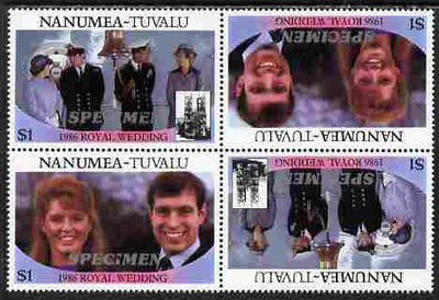 Tuvalu - Nanumea 1986 Royal Wedding (Andrew & Fergie) $1 perf tete-beche block of 4 (2 se-tenant pairs) overprinted SPECIMEN in silver (Italic caps 26.5 x 3 mm) unmounted mint from Printer's uncut proof sheet