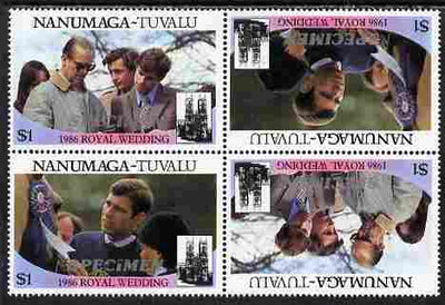Tuvalu - Nanumaga 1986 Royal Wedding (Andrew & Fergie) $1 perf tete-beche block of 4 (2 se-tenant pairs) overprinted SPECIMEN in silver (Italic caps 26.5 x 3 mm) unmounted mint from Printer's uncut proof sheet
