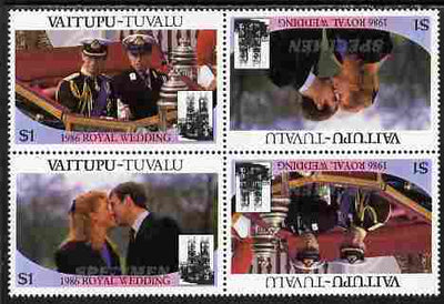 Tuvalu - Vaitupu 1986 Royal Wedding (Andrew & Fergie) $1 perf tete-beche block of 4 (2 se-tenant pairs) overprinted SPECIMEN in silver (Italic caps 26.5 x 3 mm) unmounted mint from Printer's uncut proof sheet
